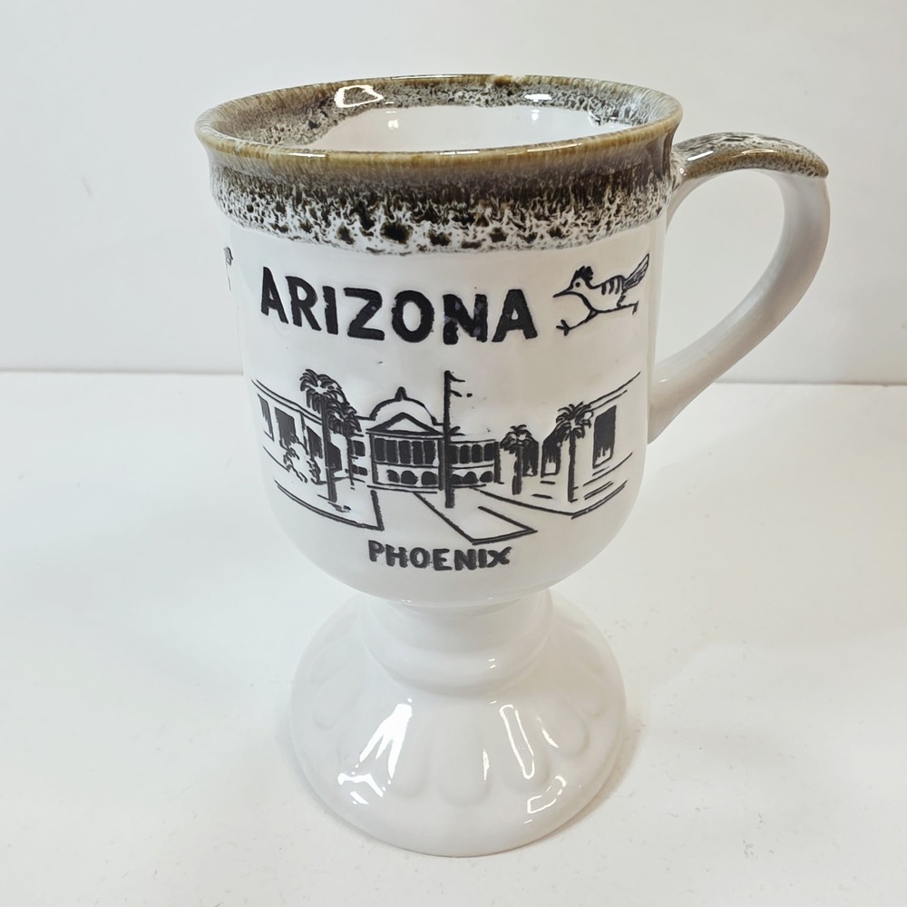 Vtg Arizona Pedestal Coffee Mug 1970s Japan Stoneware Grand Canyon Roadrunner